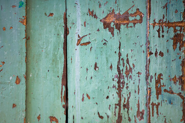 old wooden door torn striped gate turquoise obsolete peeling art grungy shabby stain oak crack damaged colorful decorative backgrounds horizontal cracked exterior layer outside boards rural design 