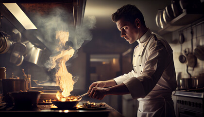 Chef preparing food in the kitchen of a restaurant, generative ai