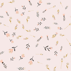 Seamless pattern with flowers. Vector flowers. Flat style. Leaves, bouquet, herbs. Textile