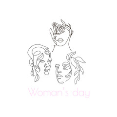 8 march concept. Modern abstract line minimalistic women faces, postcard or brochure cover design. Different woman faces. One line art. Vector illustrations design