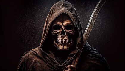 Fototapeta na wymiar The grim reaper with a scythe portrait of the teath, generative ai