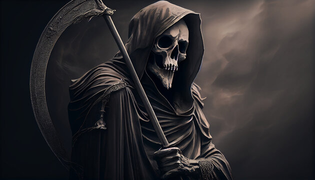 The grim reaper with a scythe portrait of the teath, generative ai