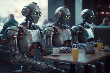 Humanoid robots sitting in a restaurant. Generative AI