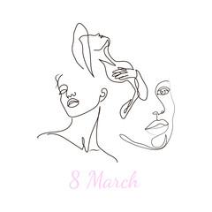 8 march concept. Modern abstract line minimalistic women faces, postcard or brochure cover design. Different woman faces. One line art. Vector illustrations design