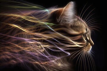 Abstract visualization of cats whiskers with delicate sensitive hairs depicted in different colors, concept of Sensory Perception and Pattern Recognition, created with Generative AI technology