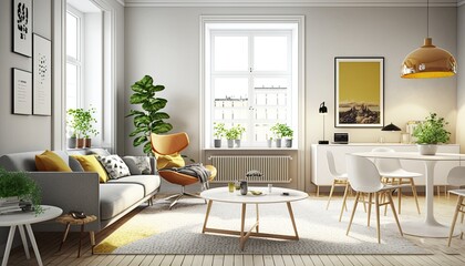 Modern scandinavian apartment interior design, bright natural light, large windows, modern furniture - generative ai