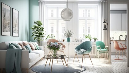 Modern scandinavian apartment interior design, bright natural light, large windows, modern furniture - generative ai