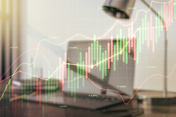 Abstract creative financial graph on modern laptop background, financial and trading concept. Multiexposure
