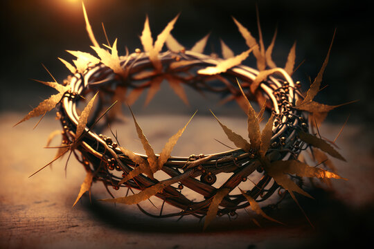 Crown of thorns on golden light background, generative ai
