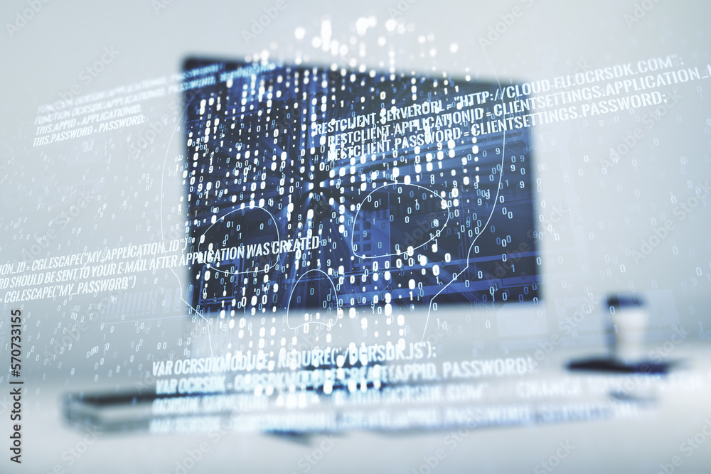Poster creative concept of code skull illustration on modern laptop background. hacking and phishing concep