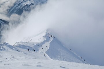 Little silhouettes of skiers on slope in cloudy scenery, Kasprowy Wierch Peak in Tatras Mountains....