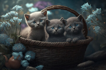 Still life with pastel blue flowers, natural light and three kittens in a basket, generative ai