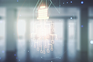 Double exposure of virtual creative light bulb hologram with chip on empty modern office background, idea and brainstorming concept