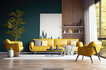 Modern interior design of living room with yellow sofa - generative ai