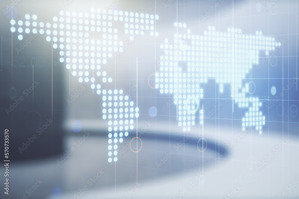 Aufkleber double exposure of abstract digital world map hologram on empty room interior background, big data a