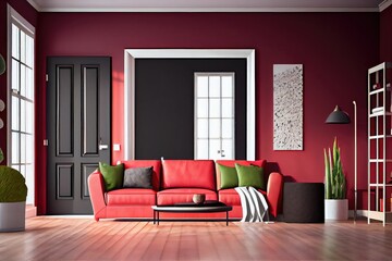 Modern interior design of living room, red wall, leather sofa, plants - generative ai