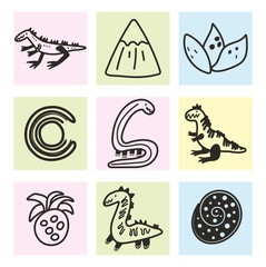 doodle set with dinosaurs, flower, volkano, palm