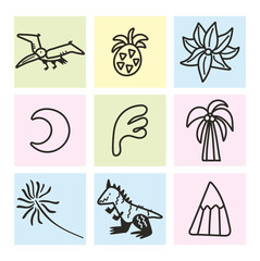 Fototapeta na wymiar doodle set with dinosaurs, flower, volkano, palm