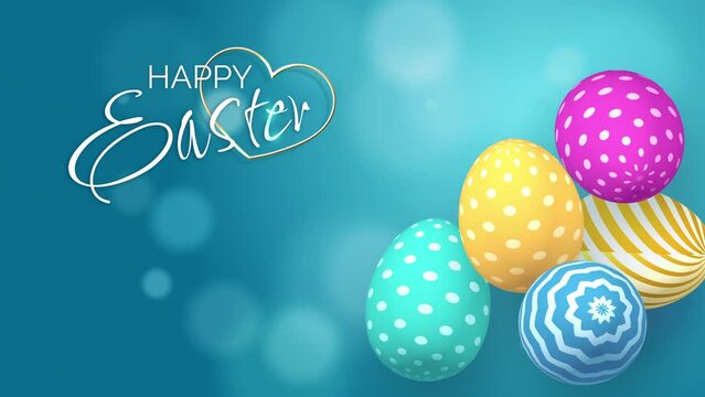 Happy Easter inscription on blue background with bokeh. Festive Easter colored eggs with patterns. Video motion graphic animation.