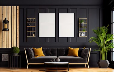 Fototapeta premium Interior design of modern living room with dark gray sofa and wall, copy space frames - generative ai