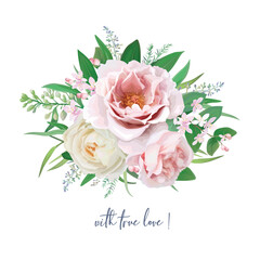 Watercolor style flower bouquet. Lovely card template design. Pink peony flowers, cream rose, lilac, green leaves bouquet vector illustration. Floral wedding invite. Editable element isolated on white