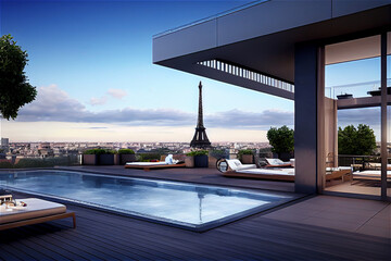Impressive penthouse terrace with a swimming pool overlooking Paris, generative AI