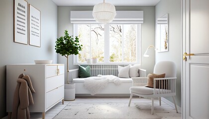 Children's room, white and soft gray colors, plants, bed and sofa, modern minimalism Scandinavian  - generative ai