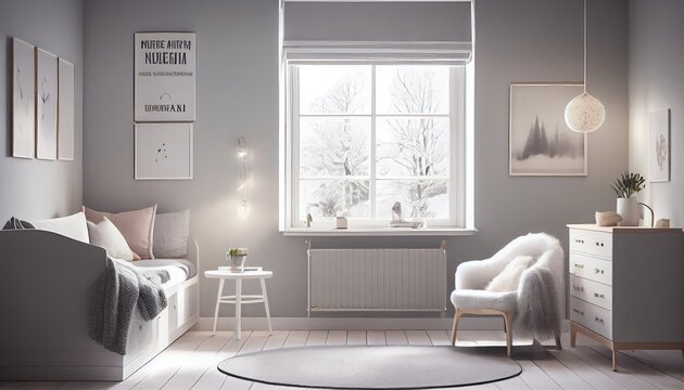 Children's room, white and soft gray colors, plants, bed and sofa, modern minimalism Scandinavian  - generative ai