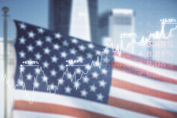 Multi exposure of virtual abstract financial diagram on US flag and city background, banking and accounting concept