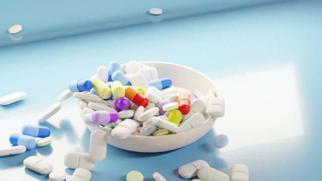 A 3D animation of many colorful, red, pink, yellow and blue pills and capsules falling into a white bowl.