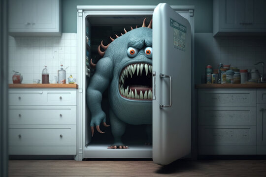 Open the fridge at your own risk. a monster awaits inside, concept of Surprise and Danger, created with Generative AI technology