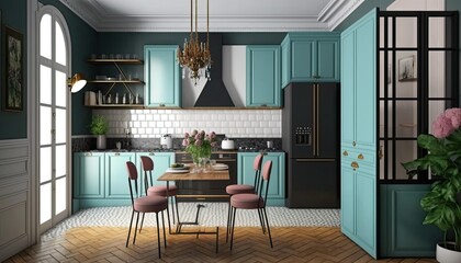 Modern kitchen featuring light blue flat front cabinets paired with white quartz countertops, dining table and furniture - generative ai