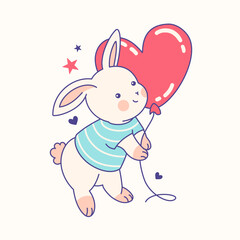 Adorable cute doodle bunny with heart shaped balloon, concept of st.Valentine's day, love. Print for tee, t shirt, t, sweatshirt, cartoon sticker.