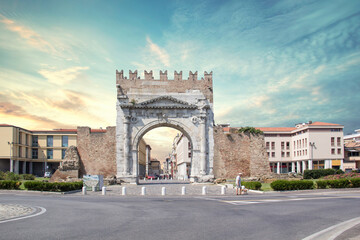Fototapeta na wymiar Beautiful view of the Arch of Emperor Augustus in Rimini, Italy