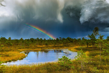 Landscape of a national park before a thunderstorm. The beauty of nature. Heavy dark beautiful blue clouds, bright rainbow, blue lake and green grass and trees.Nature before the storm.Warm summer day.