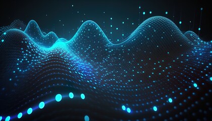 Abstract background of connected blue points. cyber particle waves. Big data stream. neon gradient. Grid illustration created with generative ai technology