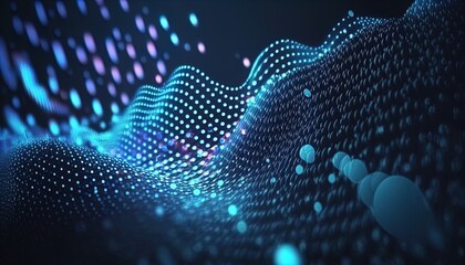 Abstract background of connected blue points. cyber particle waves. Big data stream. neon gradient. Grid illustration created with generative ai technology
