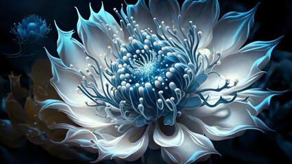 white flower with blue center