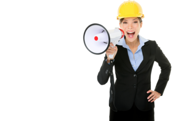 Portrait of young businesswoman shouting into megaphone isolated on white background. PNG file.