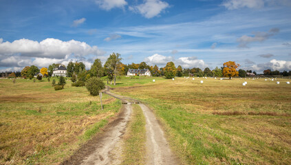 Fototapeta na wymiar field road through autumn landscape with village
