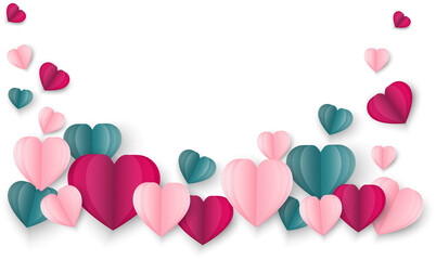 Paper art of love and Origami made shape of heart on pastel pink flying with copy space.Mother's Day,Happy Women,Vector Valentine's Day and paper cut concept.