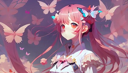 An anime girl with pink hair in sailor uniform with butterflies in background, fairy magical fantasy world, generative ai.