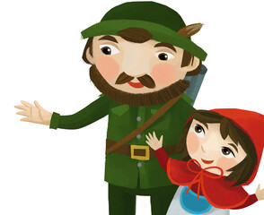 cartoon scene with hunter forester and little girl isolated illustration for children