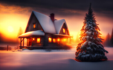 Winter ski chalet and cabin in snow mountain.  Christmas tree.  Generative Al Illustration.