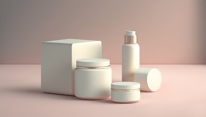 White set of costemics bottles and packages presented as a no brand mockup on pink background. Generated AI technology