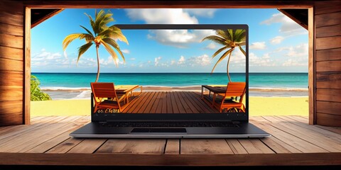 
Open laptop with white screen on wooden table workspace outdoor with amazing ocean view. Mockup Laptop. Generative AI.