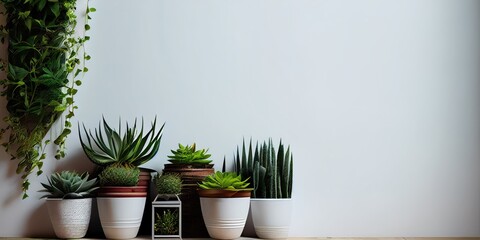Indoor succulent plant in a white pot. Side view on wooden shelf against white wall. Generative AI.
