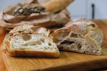 sliced ciabatta on a wooden board