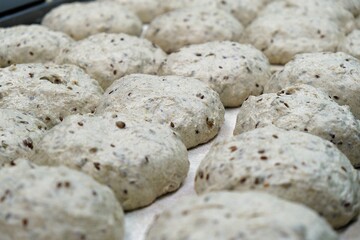 preparations of grain bread are on the table. baker at work. The baker shapes the bread. Hands on the close-up foruyut bread