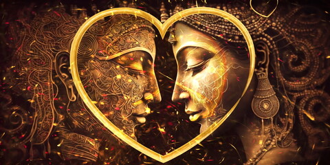 Esoteric Love spiritual  couple  , gold heart shape and sparkles ,astrology concept ,generated ai - obrazy, fototapety, plakaty
